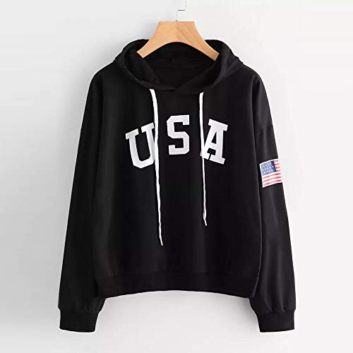 Overdose Sudadera con Capucha para Mujeres con Estampado De Letras Bandera Sudadera con Capucha con CordóN Estampado Sudadera con Mangas Largas Blusas Blancas Blusa Negra (L, Negro)