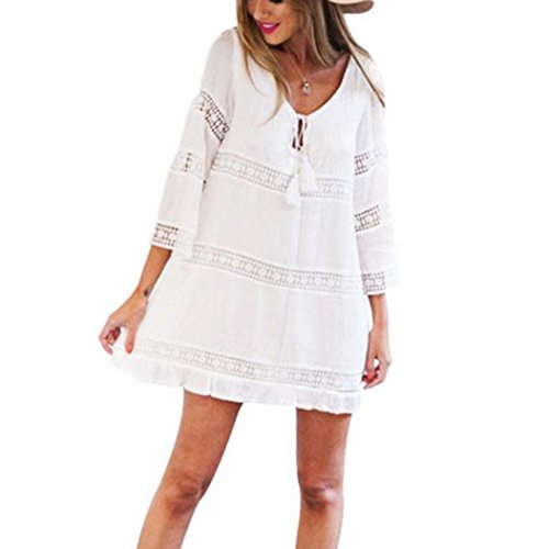 Overdose Vestido Corto De Manga Corta Boho Beach Boho Beach con Encaje De Tres Cuartos para Mujer (S, Blanco)