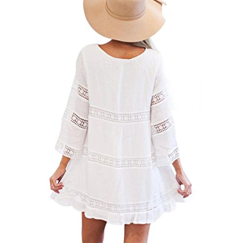 Overdose Vestido Corto De Manga Corta Boho Beach Boho Beach con Encaje De Tres Cuartos para Mujer (S, Blanco)