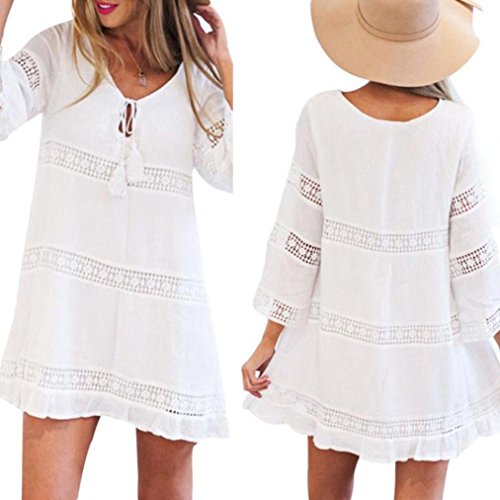 Overdose Vestido Corto De Manga Corta Boho Beach Boho Beach con Encaje De Tres Cuartos para Mujer (S, Blanco)