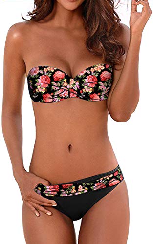 PANOZON Mujer Bikini Traje de Baño Sexy Cuello Halter Acolchado Conjunto Pushup Braga 2 Piezas (L, Flor Rojo)