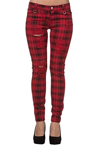 Pantalones Ajustados Rojo Tartán a Cuadros Rasgados Emo Punk de Banned - (M / 30" / ES 40)