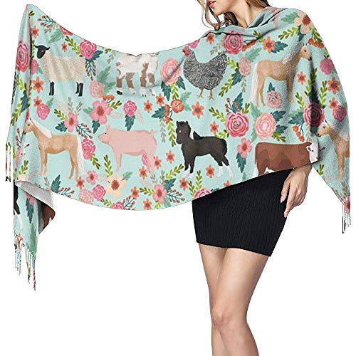 Pañuelos,Bufanda De Cachemir,Invierno Larga Mantón,Pashminas Para Mujer,Animales De Granja Vaca Caballo Cabra Ovejas Estampados Florales Bufandas,Mujeres Hombres Pashmina Cálida,Manta Suave De Bufan