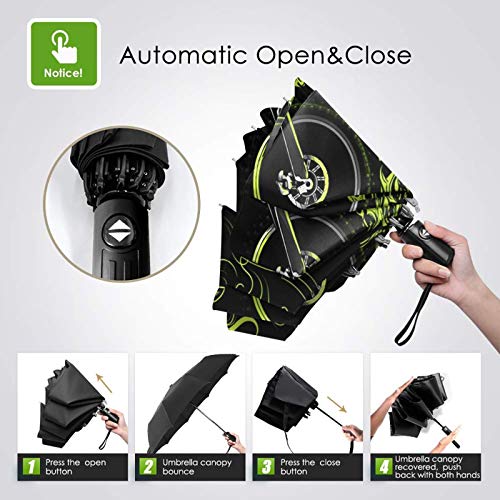 Paraguas Plegable Automático Impermeable Motocross Dirt Bike Verde, Paraguas De Viaje Compacto a Prueba De Viento, Folding Umbrella, Dosel Reforzado, Mango Ergonómico