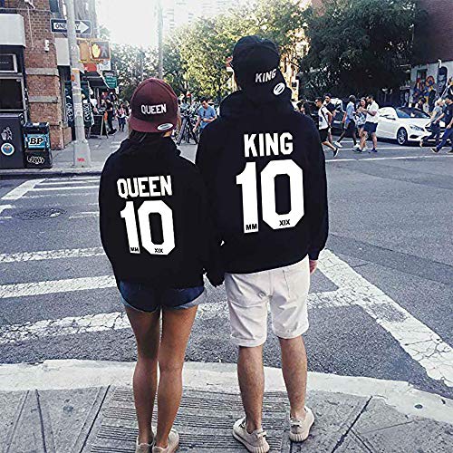 Pareja King & Queen Sudaderas con Capucha Manga Larga Encapuchado Jersey Pull-Over para Hombre y Mujer (King-L+Queen-M,Negro)