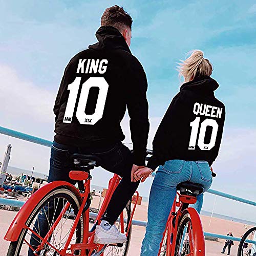 Pareja King & Queen Sudaderas con Capucha Manga Larga Encapuchado Jersey Pull-Over para Hombre y Mujer (King-L+Queen-M,Negro)