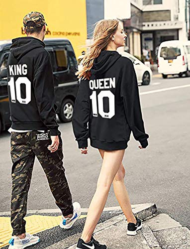 Pareja King & Queen Sudaderas con Capucha Manga Larga Encapuchado Jersey Pull-Over para Hombre y Mujer (King-L+Queen-M,Negro)