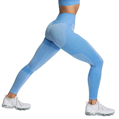 Pau1Hami1ton Sin Costura Leggins Mujer, Mallas Fitness Push Up Pantalones Deporte Running Yoga GP-15(Blue,S)