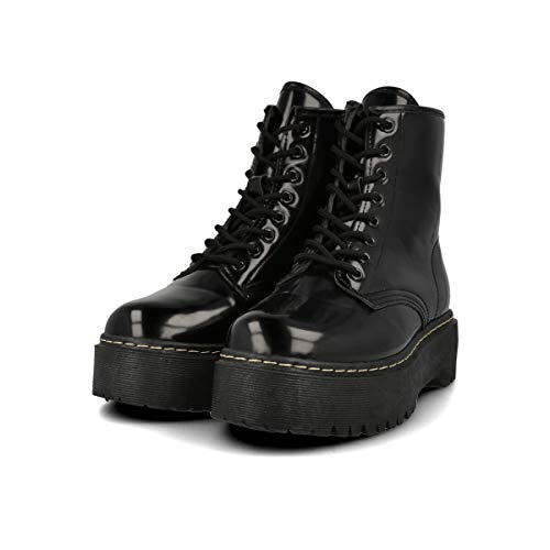 PAYMA - Botas Militares de Mujer con Plataforma. Botas de Combate Estilo Punk Biker Casual. Color Negro con Cosido Beige