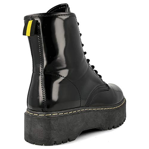 PAYMA - Botas Militares de Mujer con Plataforma. Botas de Combate Estilo Punk Biker Casual. Color Negro con Cosido Beige