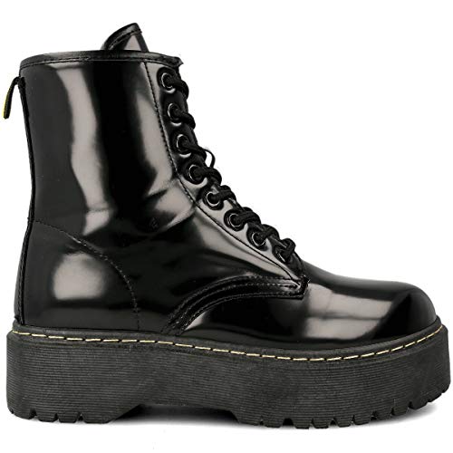 PAYMA - Botas Militares de Mujer con Plataforma. Botas de Combate Estilo Punk Biker Casual. Color Negro con Cosido Beige