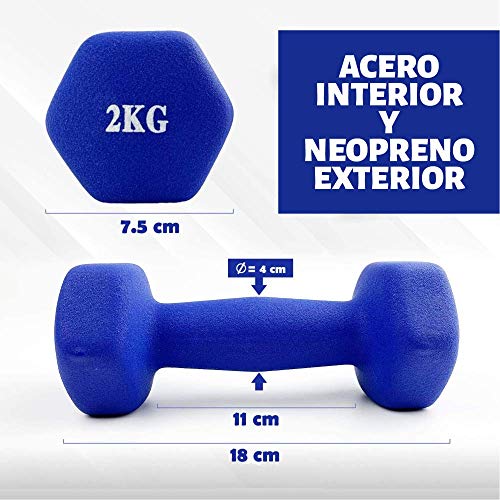 PERPETUAL Mancuernas 2KG (2 Unidades) Neopreno Pesas Ligeras Pequeñas Hexagonales Pilates Body Pump Hombre Mujer Ejercicio Gimnasio Casa Fitness Dumbbell