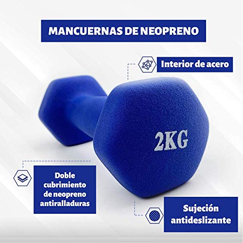 PERPETUAL Mancuernas 2KG (2 Unidades) Neopreno Pesas Ligeras Pequeñas Hexagonales Pilates Body Pump Hombre Mujer Ejercicio Gimnasio Casa Fitness Dumbbell