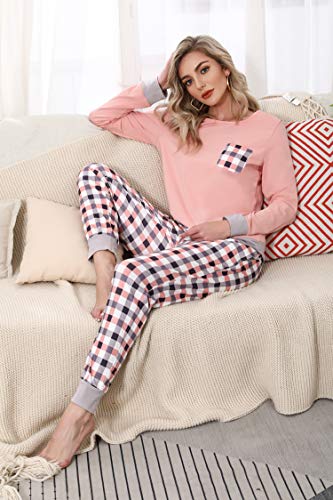 Pijamas Mujer Conjunto de Pijama a Cuadros para Dama Pjs Top Ropa de Dormir Camisa y Pantalones con Bolsillo Manga Larga Soft Lounge Sets Ropa de Cama Loungewear (B# Rosa, 2XL)