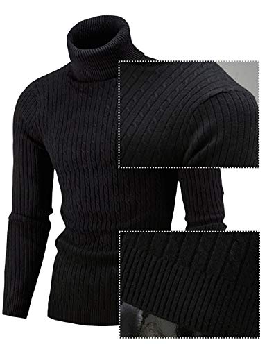 Pinkpum Suéter para Hombre Hombre Suéter de Cuello Alto Básico Ajustado de Punto Texturizado Negro 1 L