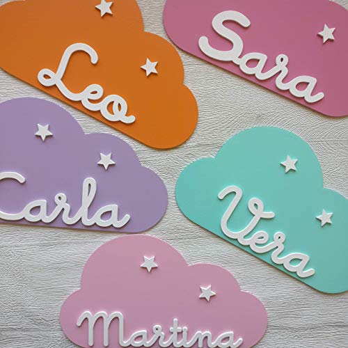 Placa decorativa infantil de madera en forma de nube personalizada con el nombre para niño y niña, regalos originales y únicos, decoraciones de pared o puerta