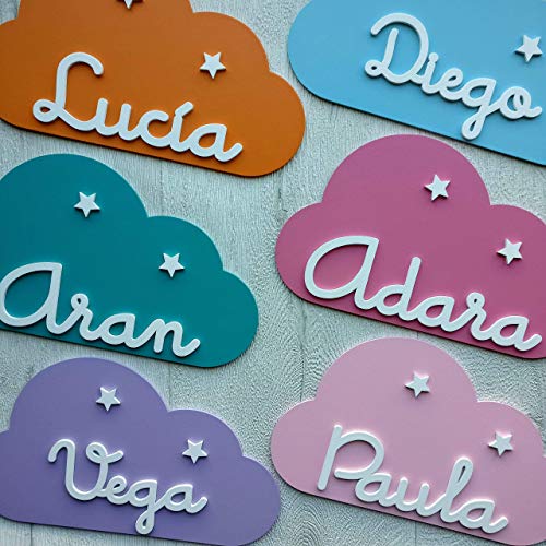 Placa decorativa infantil de madera en forma de nube personalizada con el nombre para niño y niña, regalos originales y únicos, decoraciones de pared o puerta