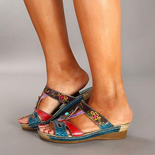 Plataformas Sandalias Mujer, Morbuy Cuña Verano Moda Cómodosandalias Planas Punta Abierta Tacón Ancho Transpirable Confort Antideslizant Plantilla Zapatillas (40,Estilo étnico Azul)