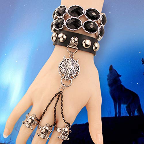 PRETYZOOM Pulsera de Cuero Punk con Tres Anillos de Calavera Pulsera de Esclavo Gótico Lobo Cadena de Muñeca Vintage Encantos Joyería para Mujeres Hombres Regalos Uso Diario Fiesta de