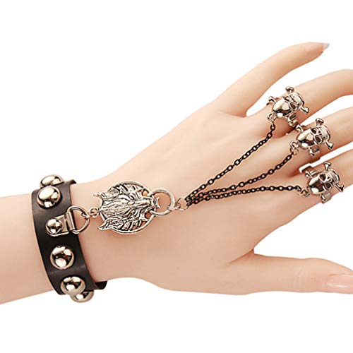 PRETYZOOM Pulsera de Cuero Punk con Tres Anillos de Calavera Pulsera de Esclavo Gótico Lobo Cadena de Muñeca Vintage Encantos Joyería para Mujeres Hombres Regalos Uso Diario Fiesta de