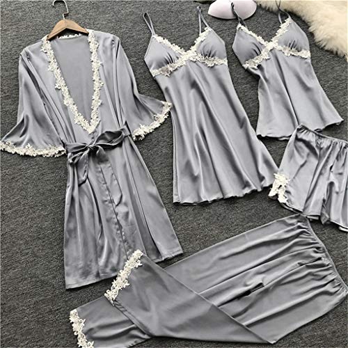 Proumy Conjunto de Pijamas Mujer Baratas 5 Piezas Kimono Larga Pijama de Encaje Verano Batas con Calzoncillos Cortos Ropa de Dormir con Pantalones Largos Traje Talla Grande Lencería Erótica Gris