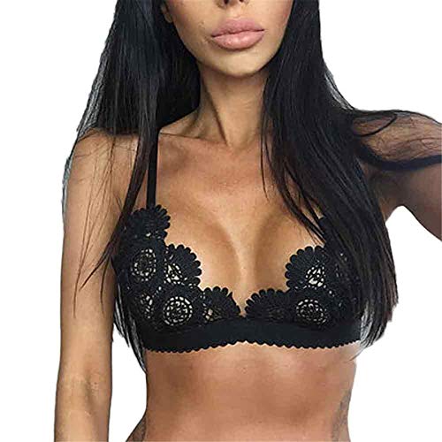 Proumy Sujetador de Encaje Sostenes Transparentes Ropa Interior Floral Lencería Elegante Picardía Sexy Top Corto Atractivo (Negro, M)