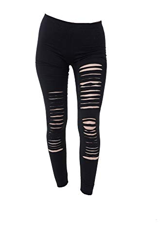 PunkJewelry Tatuaje Leggings Mujer Gótico Punk Carnaval Leggins Pantalones Ripeado Roto Look Dos Tallas - Negro, Talla única