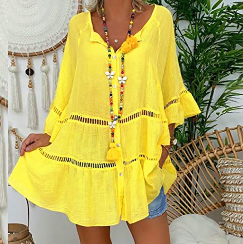 QinMMROPA Blusa Hueca de algodón y Lino para Mujer Camiseta Botones con Cuello en V y Tallas Grandes Camisa Suelta Casual Amarillo XXXL