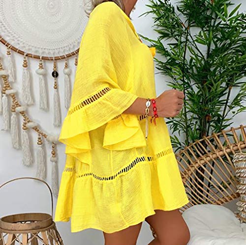 QinMMROPA Blusa Hueca de algodón y Lino para Mujer Camiseta Botones con Cuello en V y Tallas Grandes Camisa Suelta Casual Amarillo XXXL