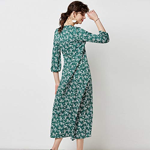 QUNLIANYI Vestido de Camisa Larga con Cuello en V Elegante para Mujer Vestido de Manga Tres Cuartos con Estampado Floral Vestidos A Media Pierna con Botones Casuales L Verde