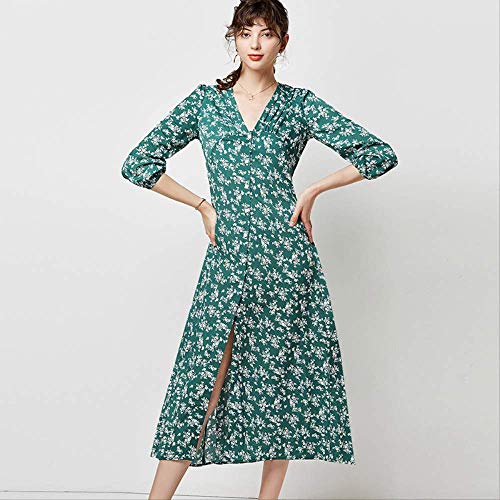 QUNLIANYI Vestido de Camisa Larga con Cuello en V Elegante para Mujer Vestido de Manga Tres Cuartos con Estampado Floral Vestidos A Media Pierna con Botones Casuales L Verde