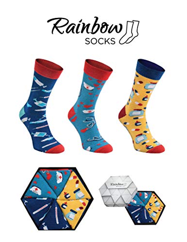 Rainbow Socks - Hombre Mujer Caja de Calcetines Para Enfermeras - 3 Pares - Termómetro Enfermero Gorro Pastillas - Talla 36-40