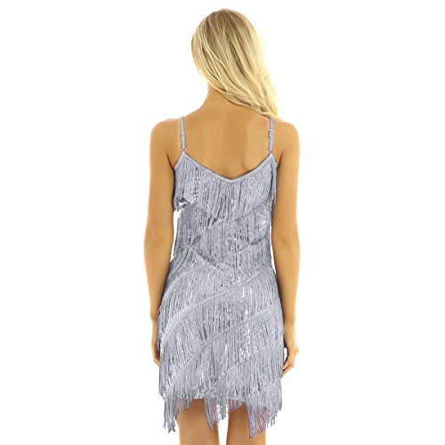 ranrann Vestido de Baile Latino Flecos para Mujer Vestido de Tango Salsa Rumba Lentejuelas Traje de Baile de Salón Cha Cha Disfraz Fiesta Noche Dancewear Gris One_Size