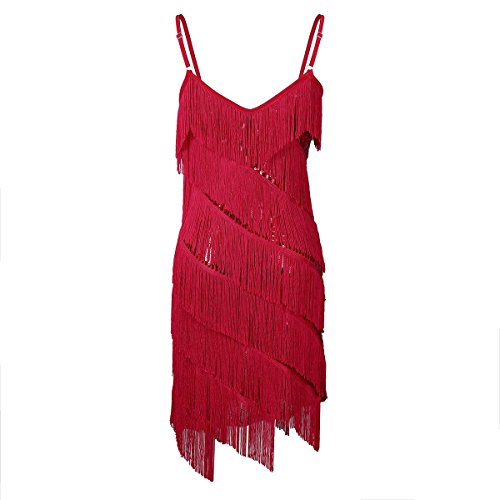 ranrann Vestido de Baile Latino Flecos para Mujer Vestido de Tango Salsa Rumba Lentejuelas Traje de Baile de Salón Cha Cha Disfraz Fiesta Noche Dancewear Rojo One_Size