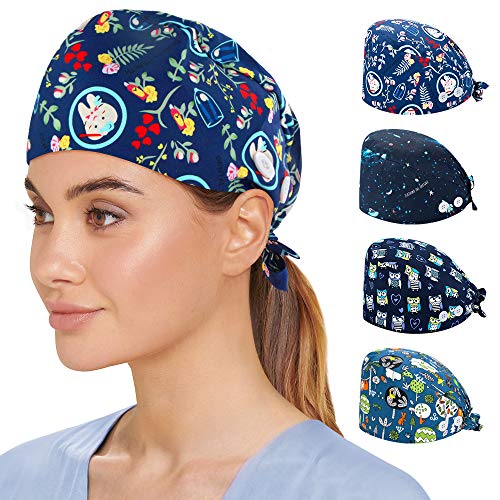 Reesibi Gorro Quirofano para Hombre Mujer, Gorros Ajustables Cap Hat Turbante Pelo Sombrero Trabajo Fines Múltiples, Estampado Gorro, Gorro Ducha - Cuatro Gorros