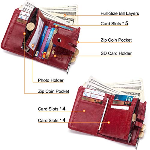 REETEE Cartera Mujer Piel Bloqueo RFID Monedero de Cuero Pequeño Mujer 16 Ranuras para Tarjetas Mujer Carteras con Cremallera Compartimiento Múltiple Billetera Bifold Mujeres (Rojo)