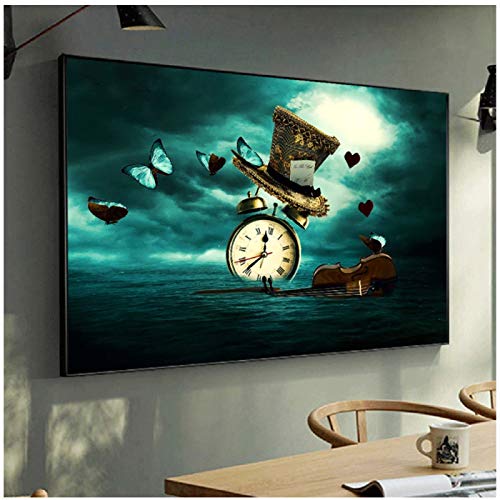 Reloj violín mariposa sombrero imagen creativa surrealismo decoración del hogar lienzo pintura moderna pared arte cartel e impresión