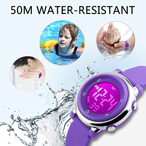 Relojes deportivos digitales para niñas Yesure. Reloj deportivo impermeable de 5 ATM con cronómetro de alarma, 7 luces traseras LED