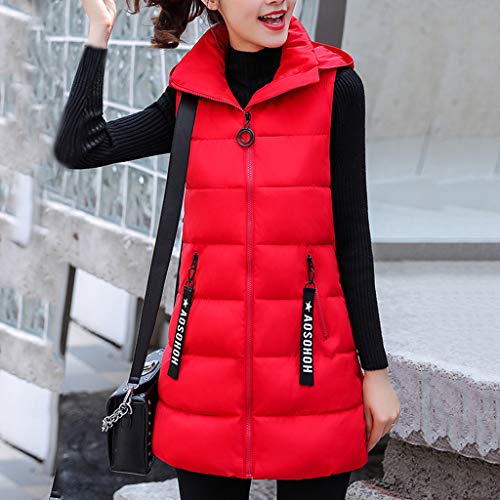 Reooly Chaqueta de Moda para Mujer Chaqueta sin Mangas con Capucha Algodón Color sólido Cremallera Bolsillo Cuello Alto(Rojo,XX-Large)