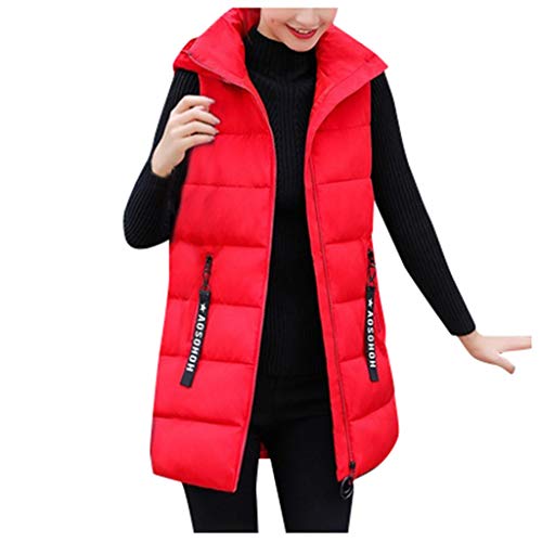 Reooly Chaqueta de Moda para Mujer Chaqueta sin Mangas con Capucha Algodón Color sólido Cremallera Bolsillo Cuello Alto(Rojo,XX-Large)