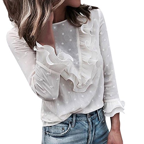 riou Mujer Moda Mujer Casual Sexy Encaje Punto Punto Cuello Redondo O-Cuello Dulce con Volantes Camiseta de Manga Larga Encaje