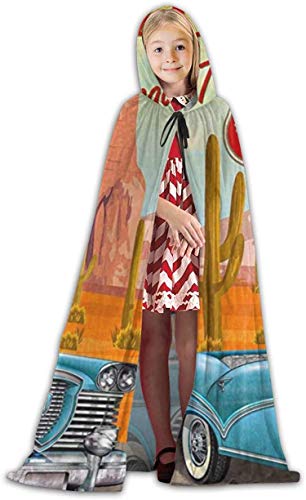 Romance-and-Beauty Capa para niños con Capucha Route 66 Vintage Arizona Road Trip Cactus Abrigo con Capucha Unisex Capa de Bruja Capa Larga Capa de Fiesta de Cosplay de Halloween