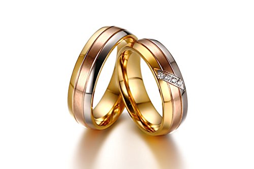 ROMQUEEN JOYERÍA 2 Piezas Anillo de 6MM Alianzas 9 Kilates Oro Blanco Anillos Compromiso Oro Blanco Mujer Anillo Mujer/Hombre de Tricolor(la Talla Mujer:17 & Hombre:27)