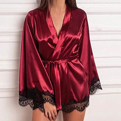 Ropa de Dormir para Mujeres,SHOBDW Regalo de San Valentín Ropa Interior Camisón de satén Tallas Grandes Sólido Encaje de Seda Lencería Camisón Bata Sexy Ropa de Dormir(Vino,XXL)