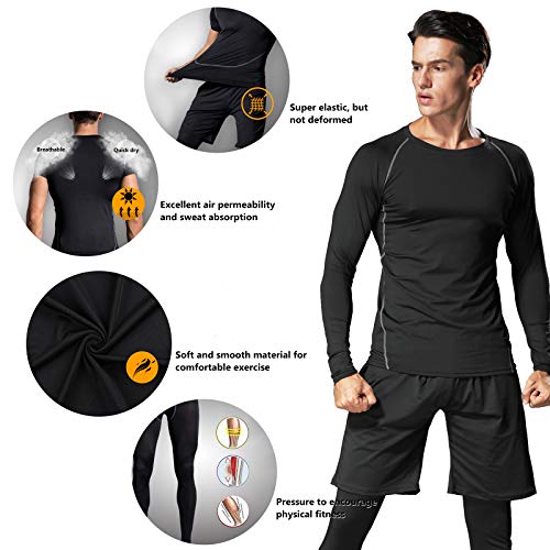 Ropa de entrenamiento para hombre, ropa de fitness, gimnasio, al aire libre, pantalones de compresión, camisa de manga larga, 4 unidades o 5 piezas - negro - 3X-Large