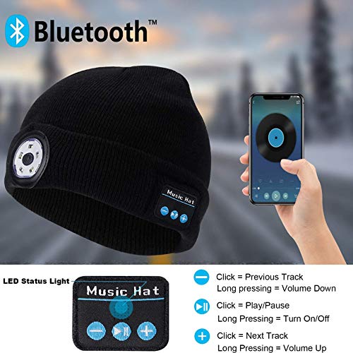 Rpanle Gorro de Invierno Bluetooth 5.0, Regalos originales, con LED Faro USB Recargable Gorra Musical Unisex para Correr Esquiar Senderismo Camping Ciclismo/Responder Llamadas/Escuchar Música