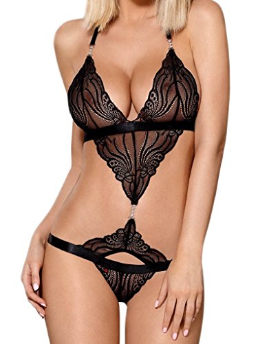 Selente Conjunto de lencería para Mujeres, Hecho en UE, S/M, Negro-Adorno-Ouvert