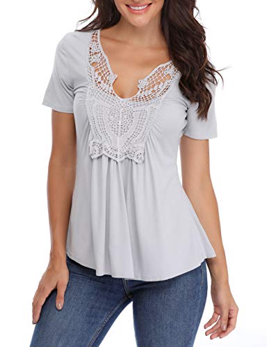 Señoras Lindas Ladies Cute Tops Verano Sexy V Cuello túnicas Manga Corta Camisas Volantes Pecho Encaje Gris Claro - XL