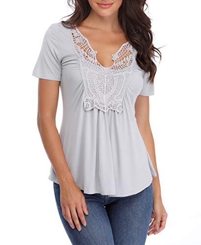 Señoras Lindas Ladies Cute Tops Verano Sexy V Cuello túnicas Manga Corta Camisas Volantes Pecho Encaje Gris Claro - XL