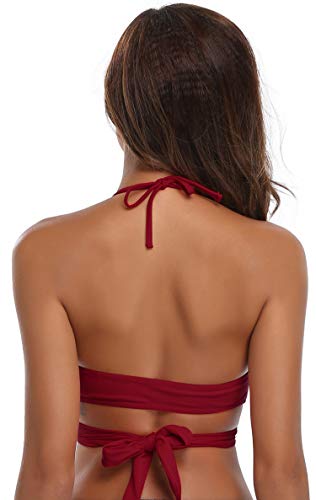 SHEKINI Bañadores de Mujer Criss Cross Bandage Bikini Mujer Acolchado Bra Bikini Trajes de baño Tops Bikini Mujer(X-Large, Vino-Tops de Bikini)